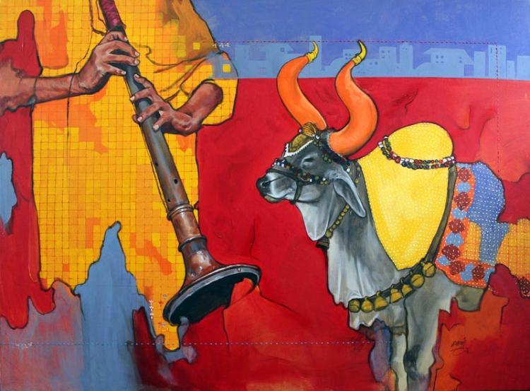 Animals acrylic painting titled 'Samvad 2/7', 42x60 inches, by artist Ramchandra Kharatmal on Canvas