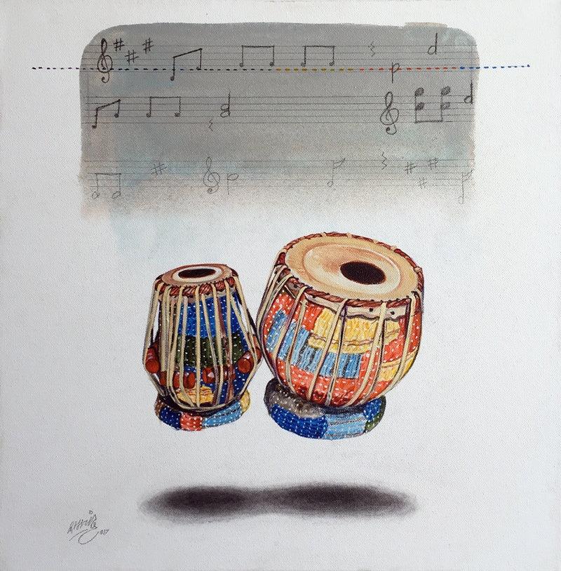 Figurative acrylic charcoal painting titled 'Samwad 10', 18x18 inches, by artist Ramchandra Kharatmal on Canvas