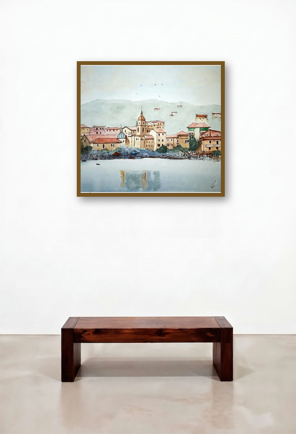 San Terenzo Liguia Italy (Coastal Town Reflections) by artist Arunava Ray displayed in a Coastal Hotel Lobby