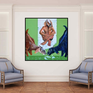 In-situ view of Swapnil Ramgade's 'Sangaticha Parinam (The Curious Case of the Goat-Man)' painting in a room