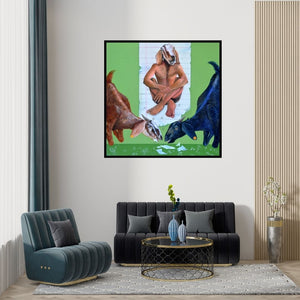 Preview of 'Sangaticha Parinam (The Curious Case of the Goat-Man)' Painting by Swapnil Ramgade shown on a wall in a furnished room.