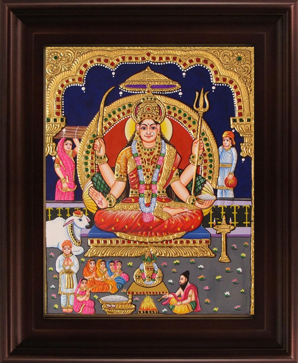 Religious tanjore traditional art titled 'Santhoshi Maata Tanjore Painting', 24x18 inches, by artist Myangadi Tanjore on Plywood
