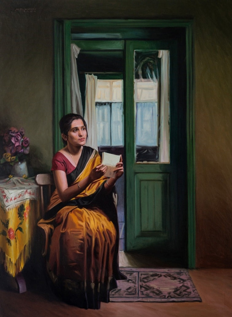 Sanwadini' figurative oil painting by artist Mahesh Soundatte, 41x31 inch, on linen