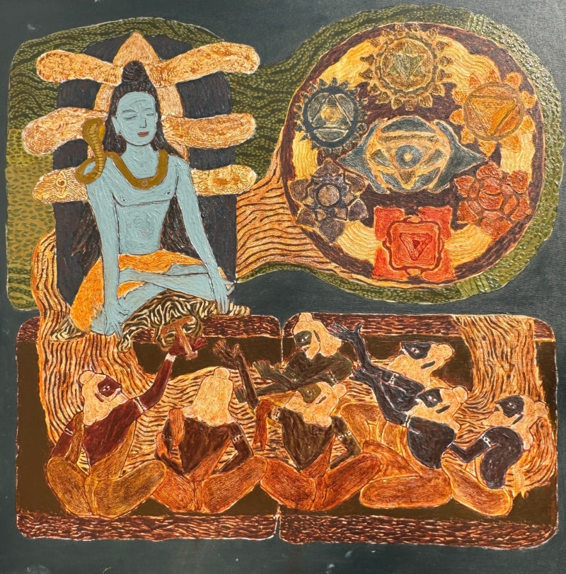 'Saptarshi' religious mixed-media painting by artist Shyam Koli, 36x36 inch, on canvas