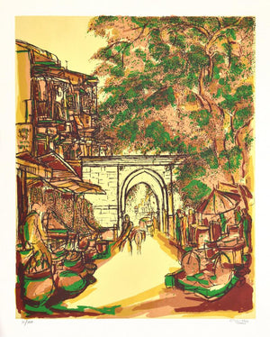 Cityscape serigraphs painting titled 'Sarangpur Darwaza', 30x24 inches, by artist Vrindavan Solanki on Paper
