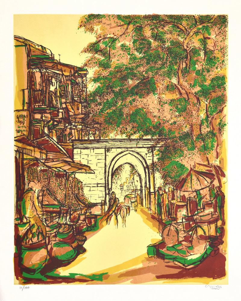 Cityscape serigraphs painting titled 'Sarangpur Darwaza', 30x24 inches, by artist Vrindavan Solanki on Paper