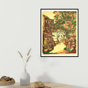 Vrindavan Solanki's 'Sarangpur Darwaza (A Vibrant Cityscape)' painting visualized above a sofa in a contemporary room.