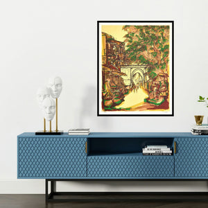 'Sarangpur Darwaza (A Vibrant Cityscape)' painting by Vrindavan Solanki shown on a wall in a furnished room.