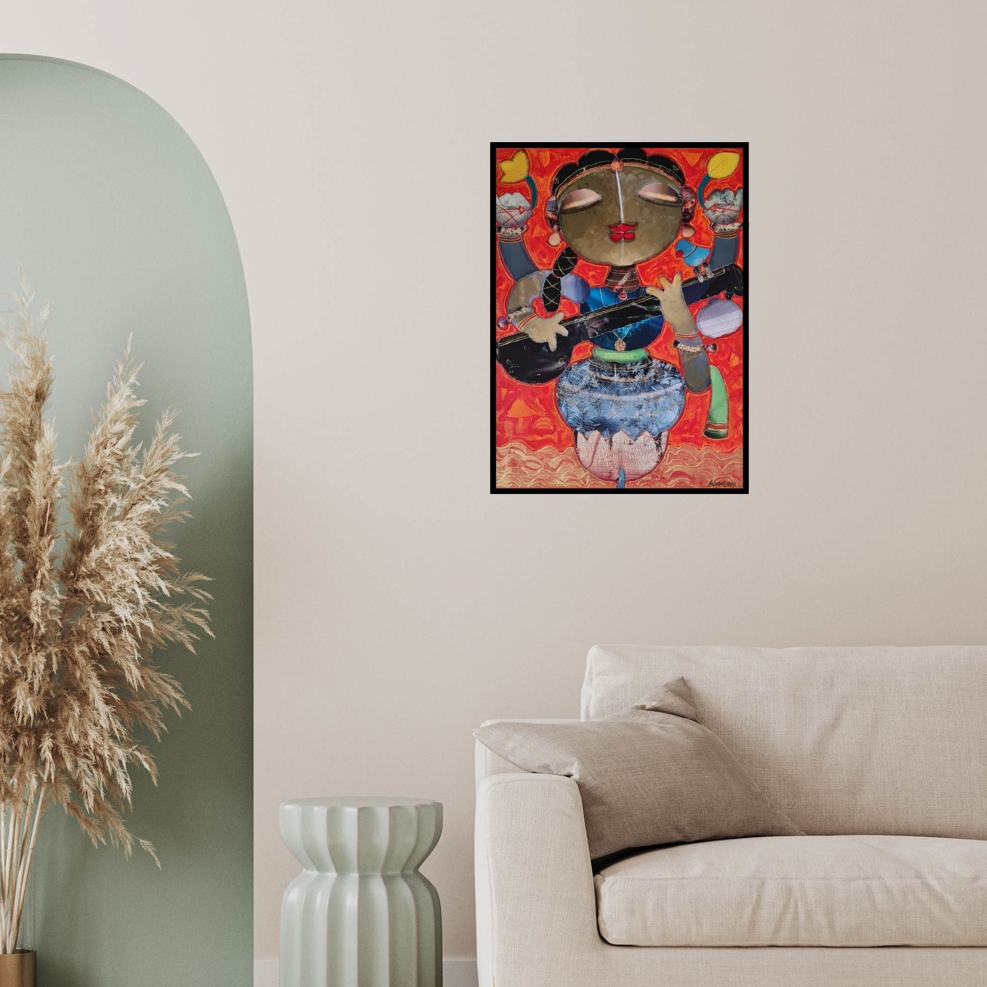 In-situ view of G Subramanian's 'Saraswathi (Saraswati's Divine Melody)' painting in a room