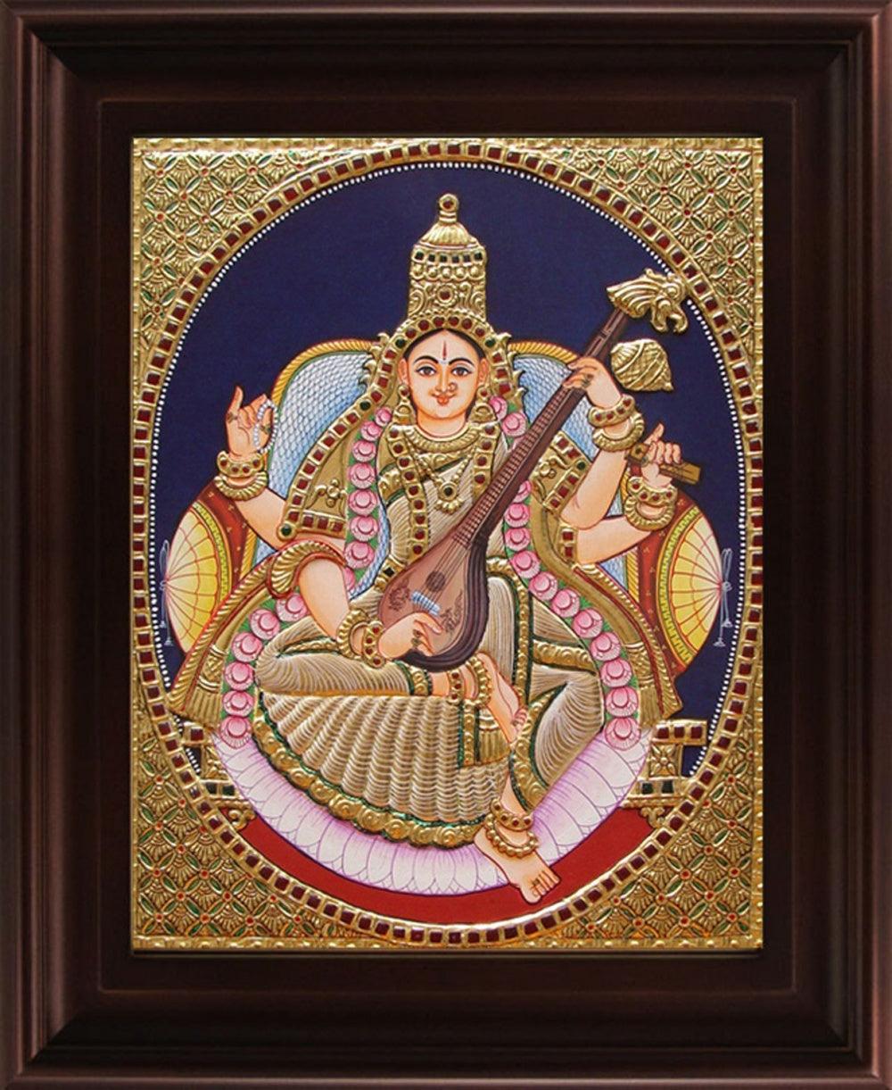 Religious tanjore traditional art titled 'Saraswathi Oval Tanjore Painting', 24x18 inches, by artist Myangadi Tanjore on Plywood