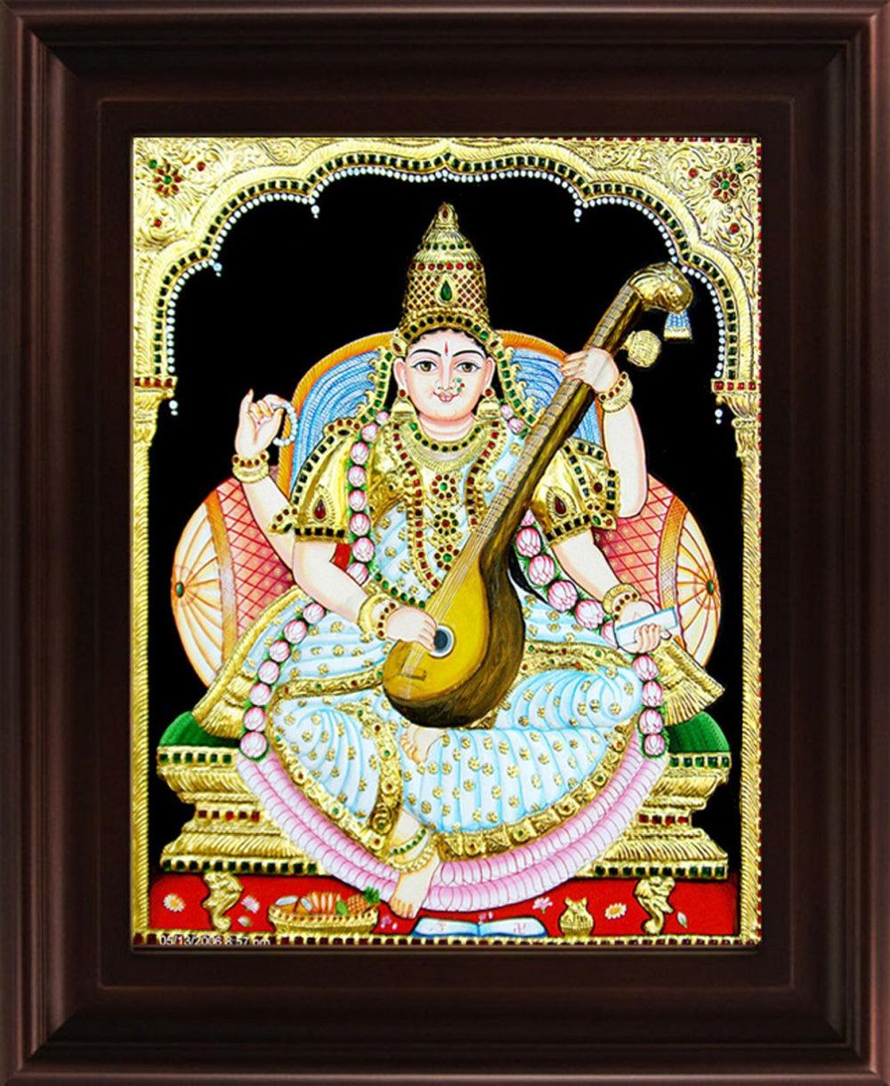 Religious tanjore traditional art titled 'Saraswathi Tanjore Painting 2', 24x18 inches, by artist Myangadi Tanjore on Plywood