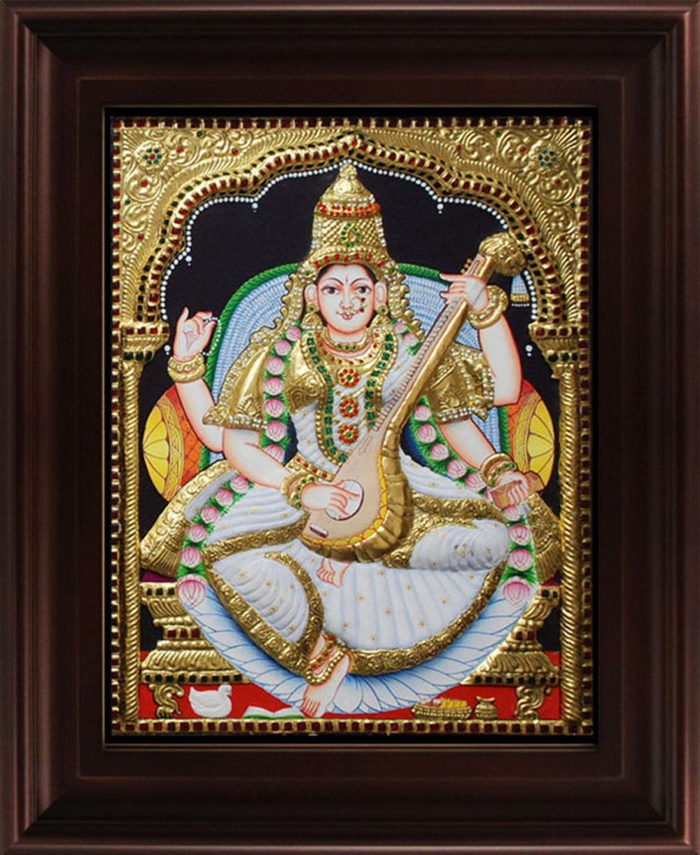 Religious tanjore traditional art titled 'Saraswathi Tanjore Painting 3', 24x18 inches, by artist Myangadi Tanjore on Plywood