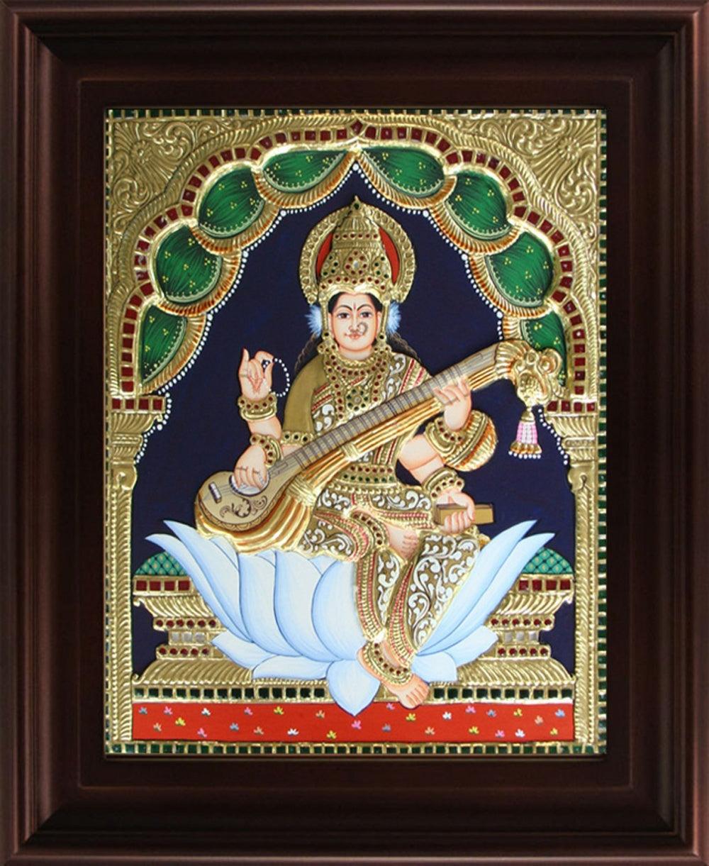 Religious tanjore traditional art titled 'Saraswathi Tanjore Painting', 24x18 inches, by artist Myangadi Tanjore on Plywood