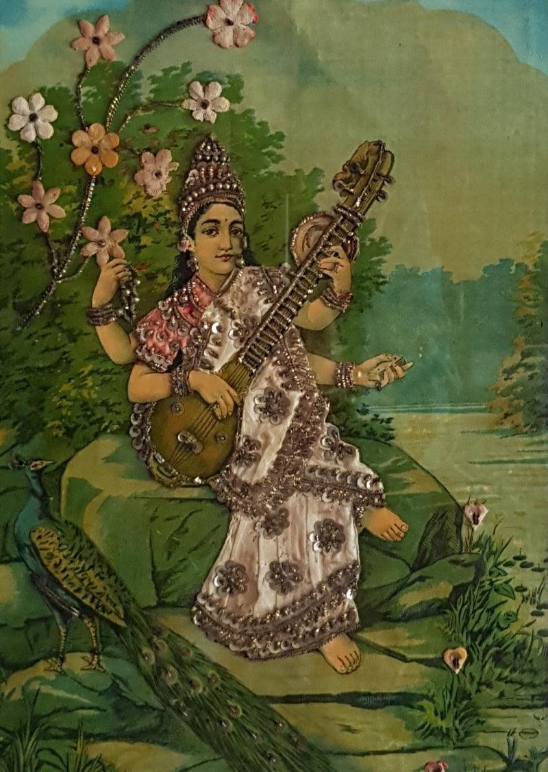 Religious oleograph painting titled 'Saraswati 1', 19x15 inches, by artist Raja Ravi Varma on Paper