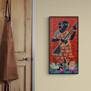 In-situ view of Pratiksha Channekar's 'Saraswati (Woman Musician with Saraswati Veena)' painting in a room