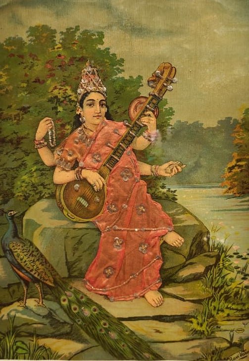Saraswati' religious oleograph painting by artist Raja Ravi Varma, 25x19 inch, on paper