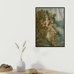 Raja Ravi Varma's 'Saraswati 7 (Saraswati, Goddess of the Arts)' painting visualized above a sofa in a contemporary room.