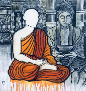 Sarnath (Urban Reverie) by Mrinal Dutt, Original Acrylic Charcoal Contemporary Painting on Canvas, Medium Square Wall Art