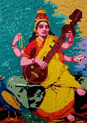 Sarswati Ji (The Divine Saraswati) by Mehul Rathod, Original Canvas Religious Painting on Canvas, Medium Vertical Wall Art
