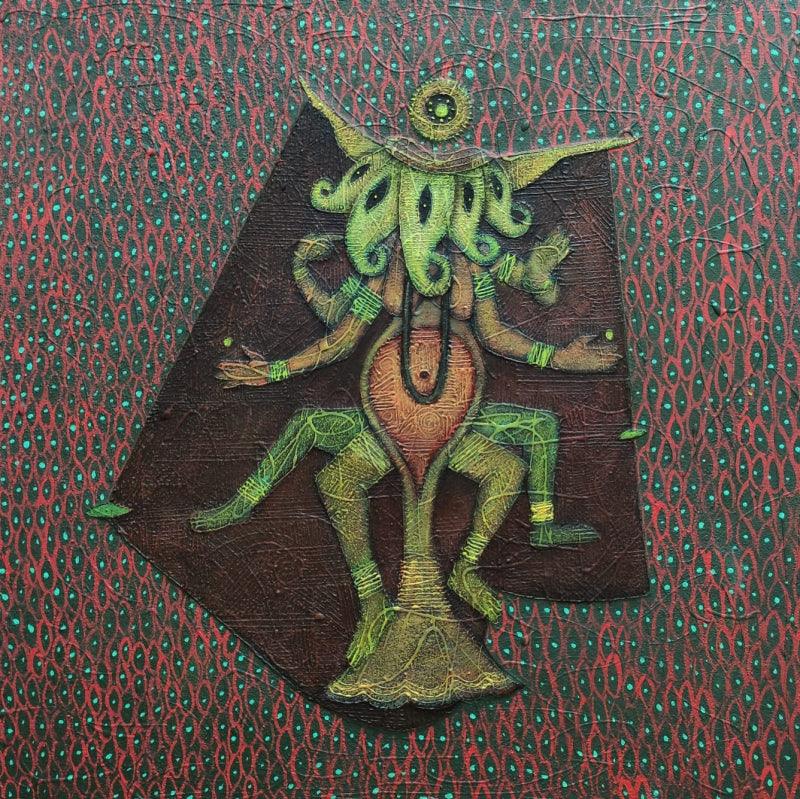 Religious mixed media painting titled 'Sarveshwara', 18x18 inches, by artist Pratik Risbud on Canvas