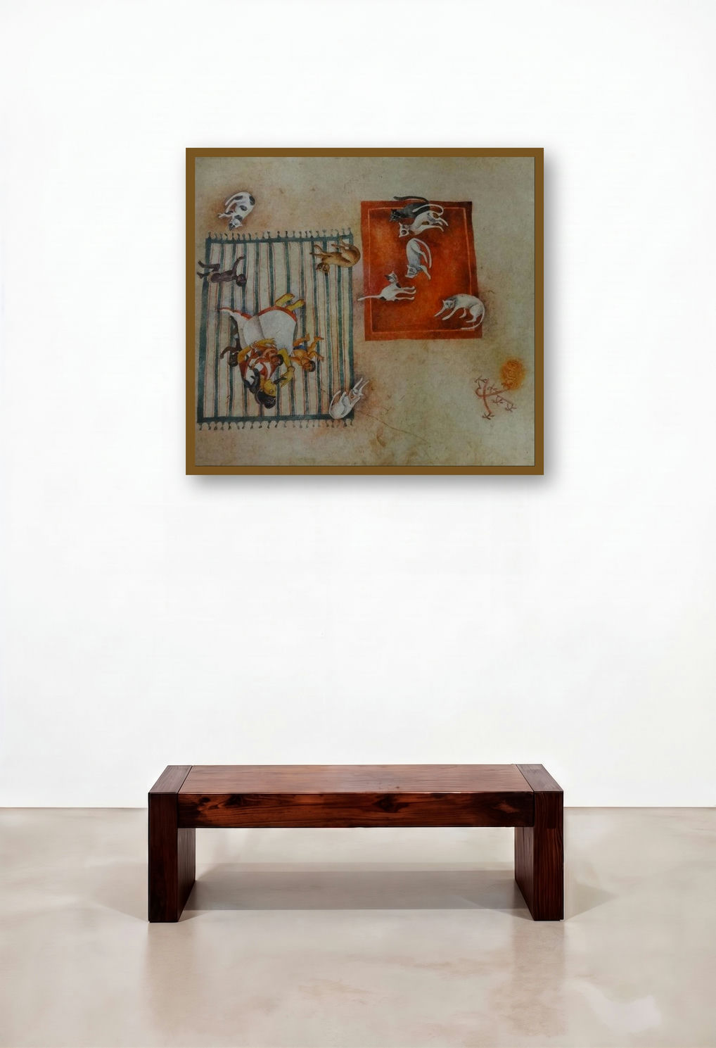 Sasthi (Feline Frolic) by artist Arpita Basu displayed in a Mid-Century Modern Lounge
