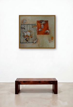 Sasthi (Feline Frolic) by artist Arpita Basu displayed in a Mid-Century Modern Lounge