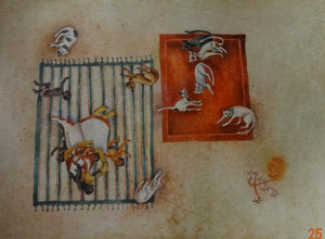 Sasthi (Feline Frolic) by Arpita Basu, Original Watercolor Figurative Painting on Paper, Medium Horizontal Wall Art