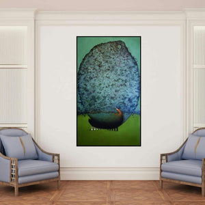 'Save My Home (Symbiotic Existence)' painting by Mukesh Hattarge shown on a wall in a furnished room.
