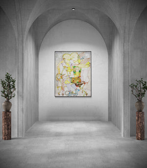 In-situ view of Hrusikesh Biswal's 'Saw 13 (Surreal Seated Figure)' painting in a room