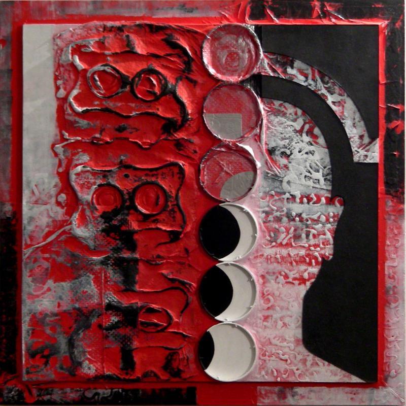 Figurative mixed media titled 'Scarlet Tides Duality Of Grey I', 18x18 inches, by artist Vivek Rao on wood and acrylic