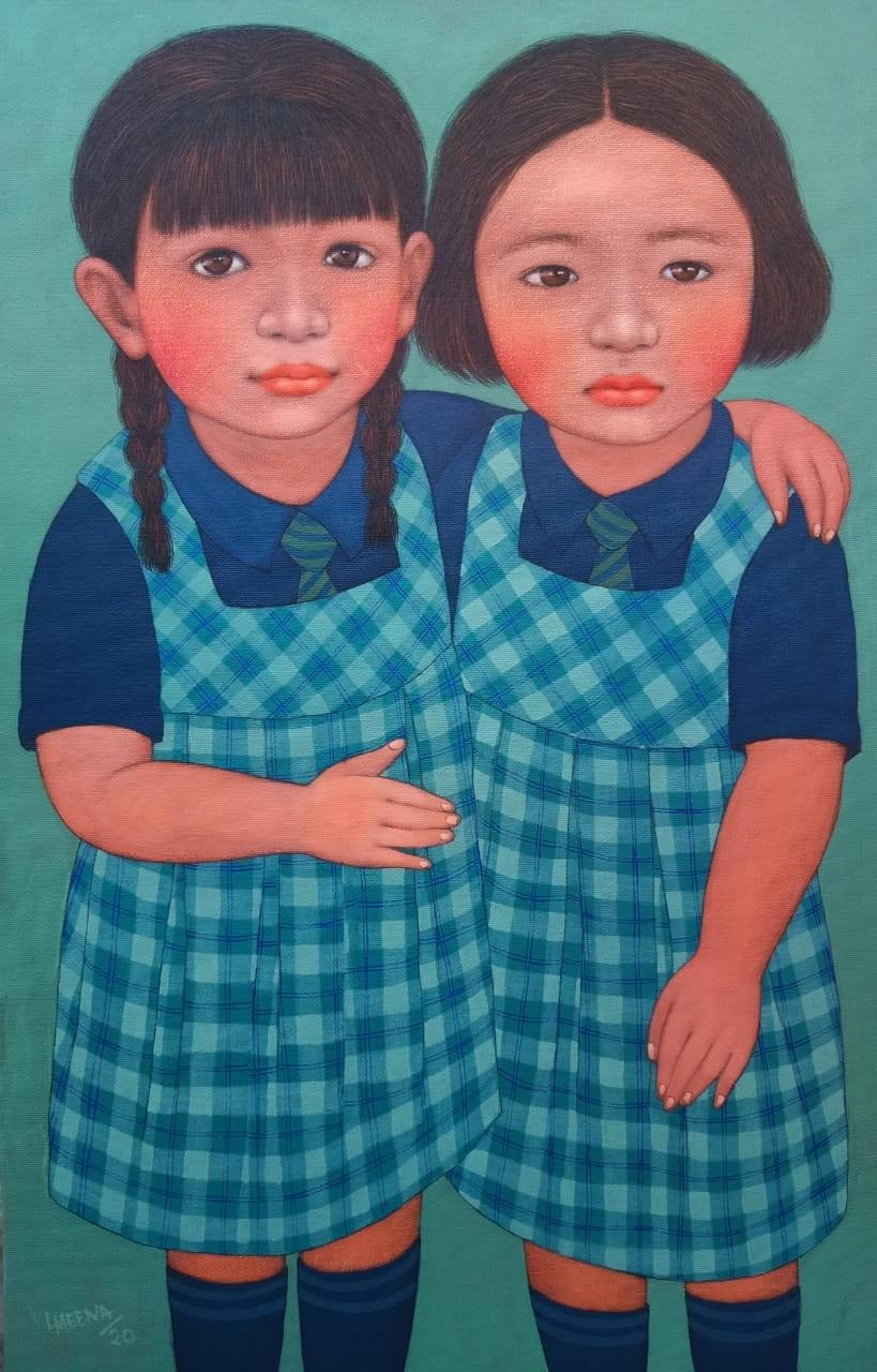 contemporary acrylic painting titled 'School Friendship', 27x17 inches, by artist Meena Laishram on Canvas