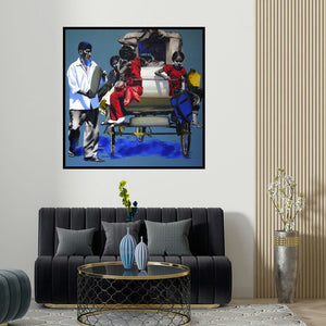 Manohar Rathod's 'School Time' painting visualized above a sofa in a contemporary room.