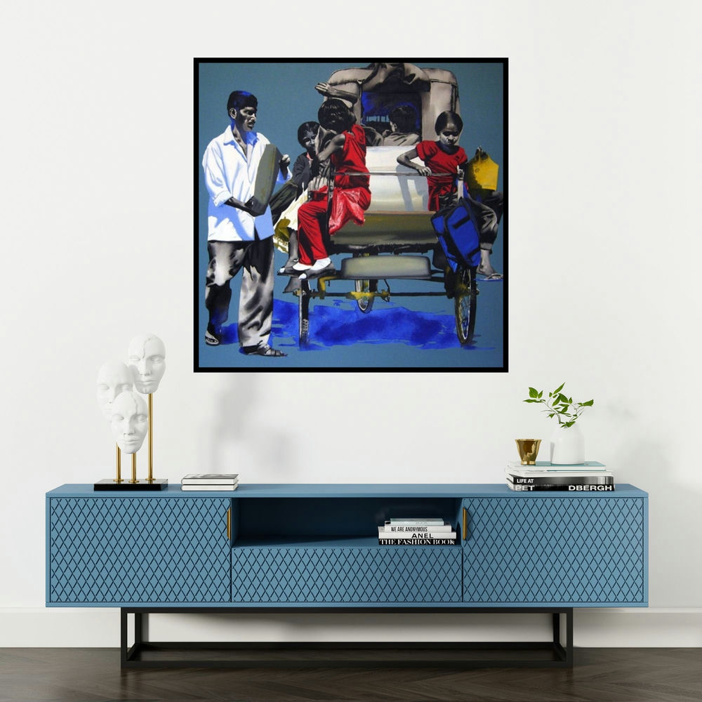 'School Time' painting by Manohar Rathod shown on a wall in a furnished room.