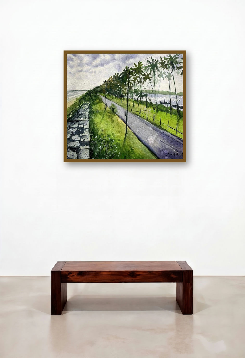 Sea And River Udupi India (Seaside Serenity) by artist Ks Farvez displayed in a Urban Loft Reception Area