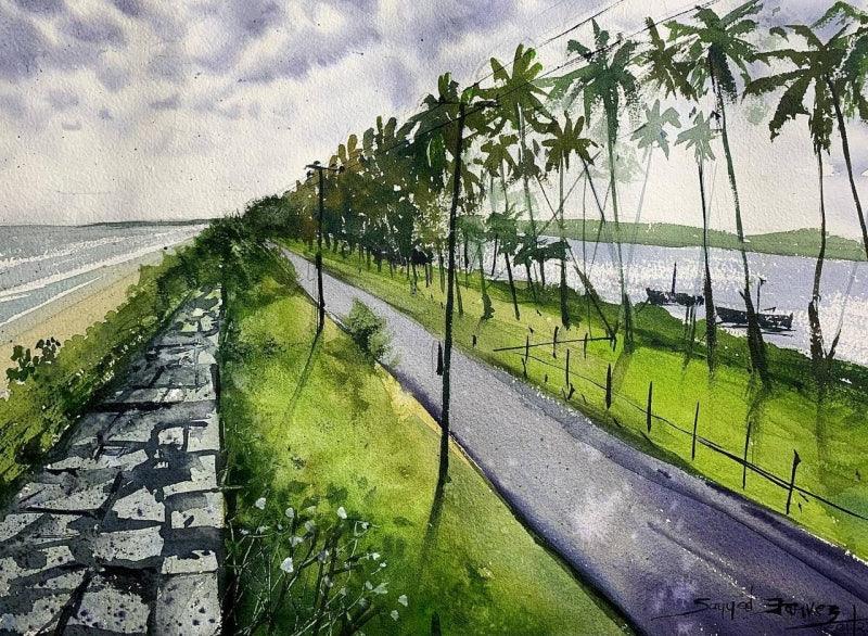 Landscape watercolor painting titled 'Sea and River Udupi India', 11x15 inches, by artist KS Farvez on Paper