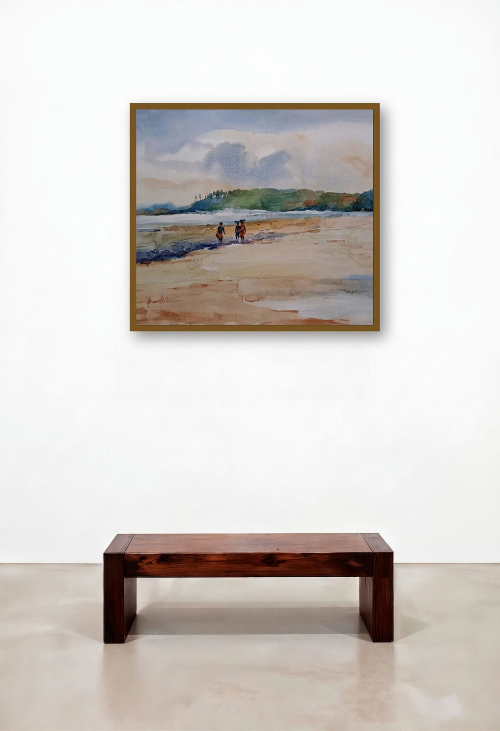 Sea Beach (A Seaside Stroll) by artist Prasanta Maiti displayed in a Rustic Hotel Suite