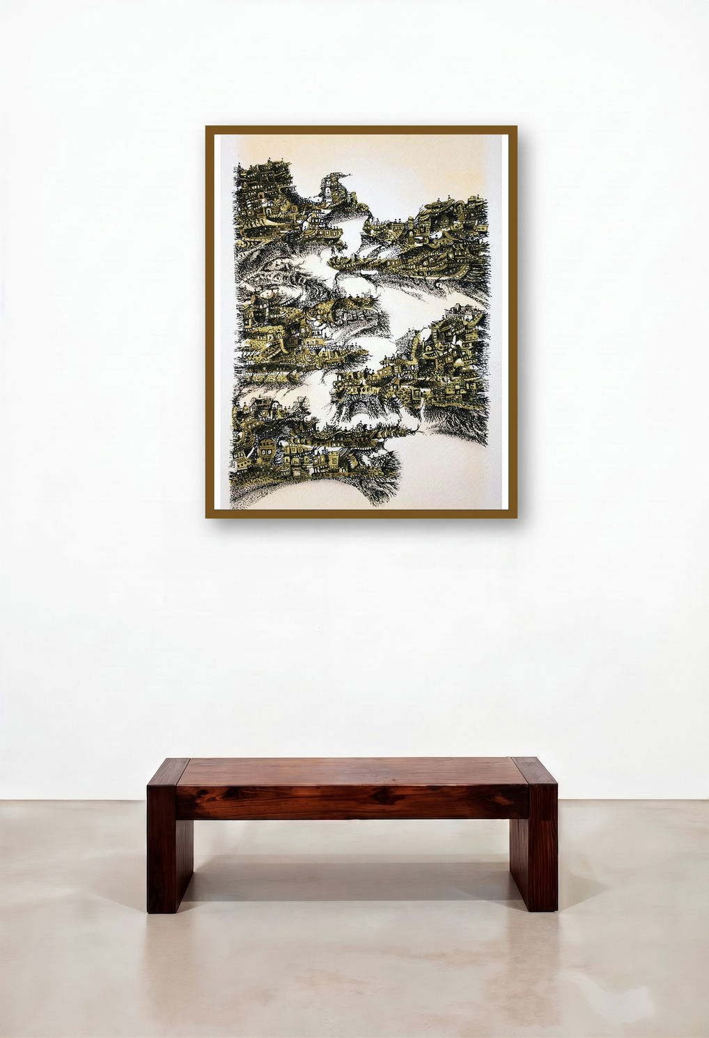 Sea City (Urban Tapestry) by artist Kusum Lata Sharma displayed in a Urban Loft Bedroom