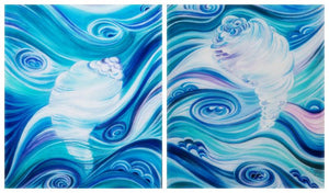 Sea Shells (Dualities of Existence) by Manju Lamba, Original Acrylic Abstract Painting on Canvas, Medium Horizontal Wall Art