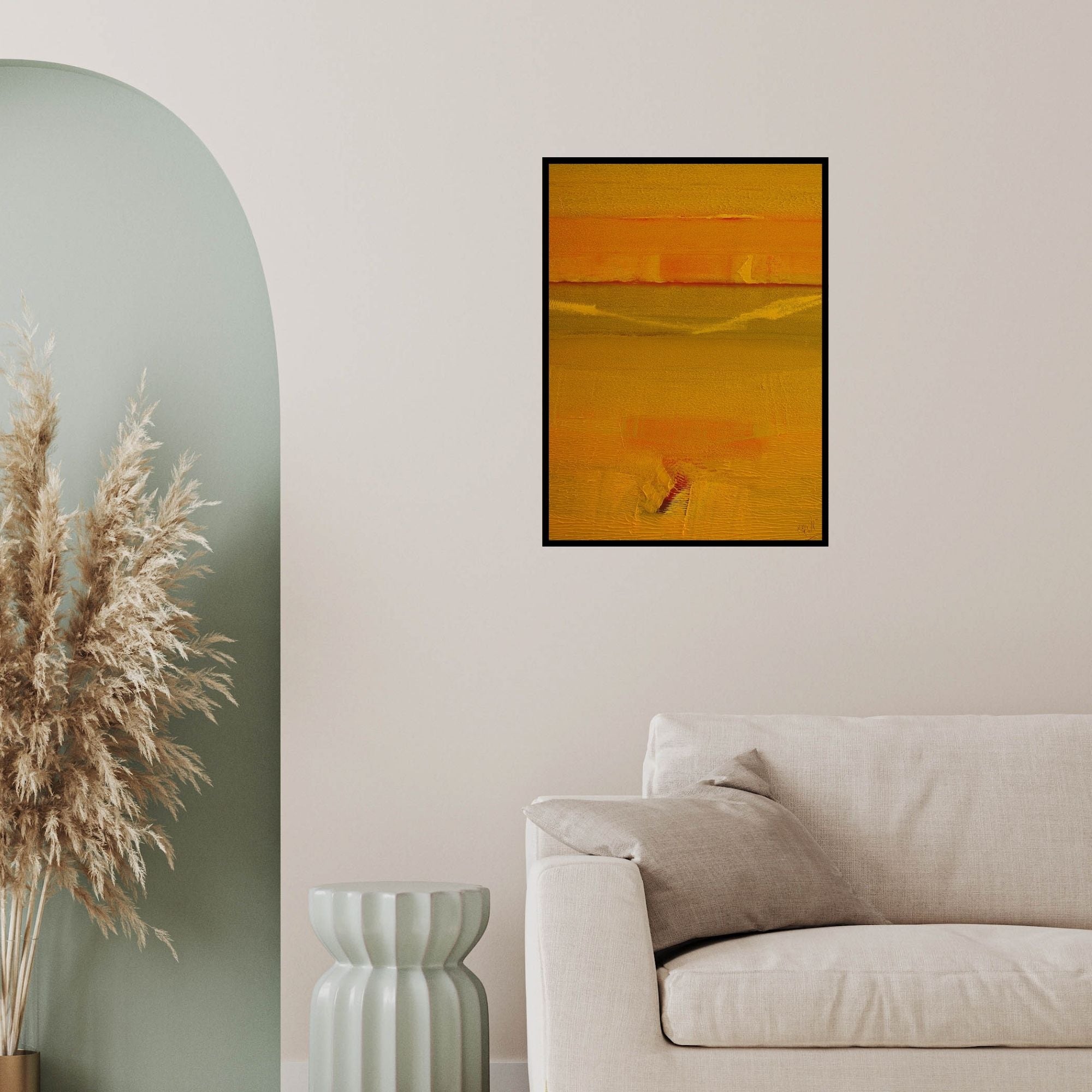 In-situ view of Raghu Neware's 'Search Of Eternity 1028 (Golden Horizon)' painting in a room