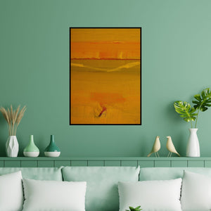 Preview of 'Search Of Eternity 1028 (Golden Horizon)' Painting by Raghu Neware shown on a wall in a furnished room.