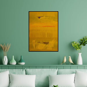 Preview of 'Search Of Eternity 1032 (Golden Horizon)' Painting by Raghu Neware shown on a wall in a furnished room.