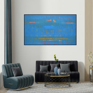 Raghu Neware's 'Search Of Eternity 17 (Cerulean Horizon)' painting visualized above a sofa in a contemporary room.