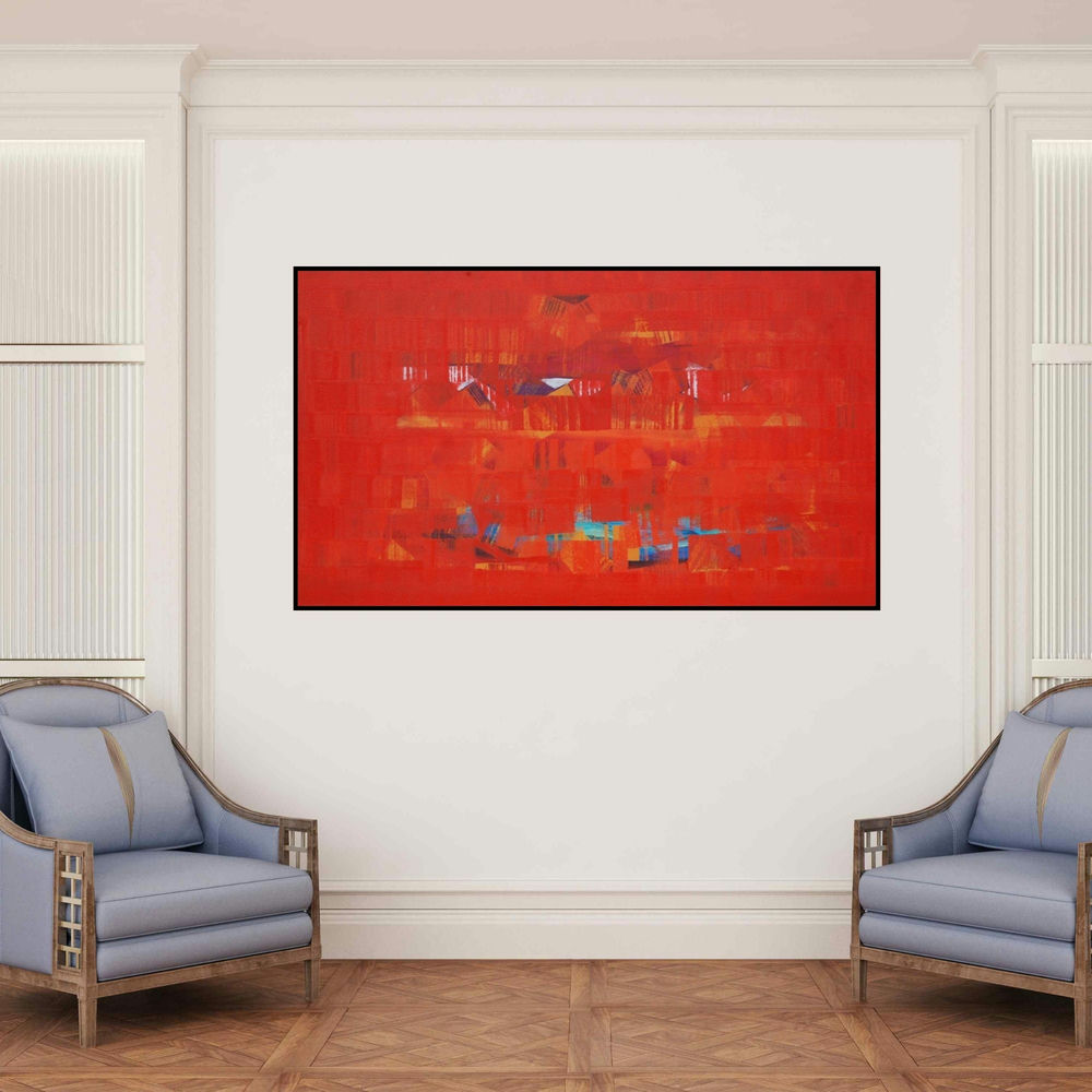 'Search Of Eternity 18 (Ruby Resonance)' painting by Raghu Neware shown on a wall in a furnished room.