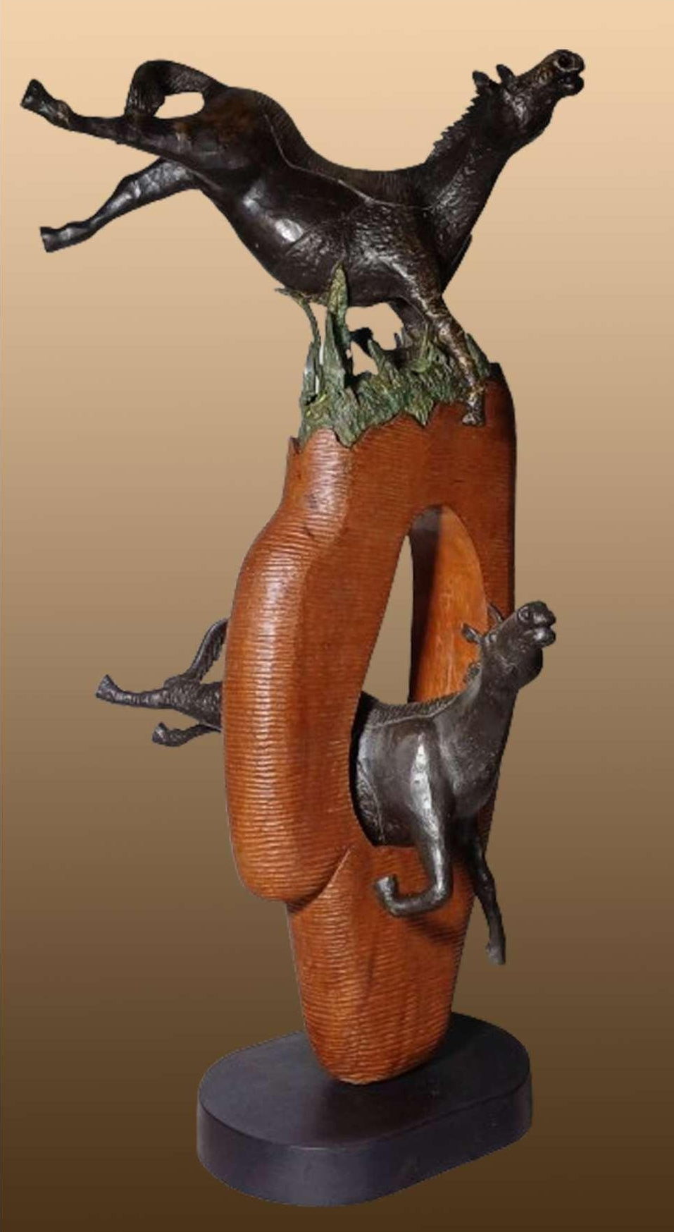 Search' animals Bronze, Wood sculpture by artist Subrata Paul, 37x19 inch, on bronze, wood