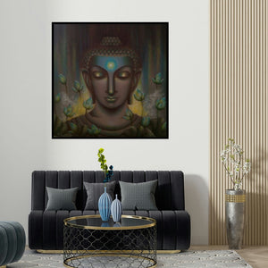Madhumita Bhattacharya's 'In Search Of Truth (Luminous Bloom)' painting visualized above a sofa in a contemporary room.