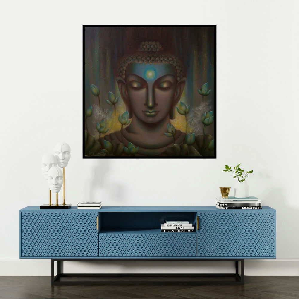 'In Search Of Truth (Luminous Bloom)' painting by Madhumita Bhattacharya shown on a wall in a furnished room.