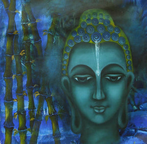 Searching Of Life Iv (Forest Illumination) by Vijaya Ved, Original Oil Figurative Painting on Canvas, Small Square Wall Art