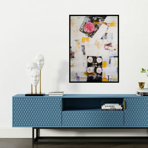 'Searching Peace 2 (Suspended Melodies)' painting by Shyamal Roy Chowdhury shown on a wall in a furnished room.