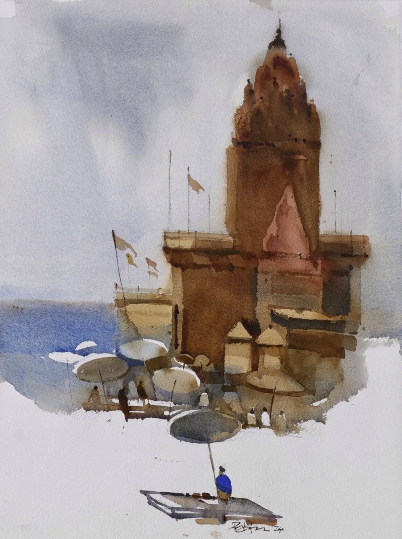 Religious watercolor painting titled 'Searching Peace Amidst Chaos 2', 20x14 inches, by artist Prashant Prabhu on Archival Paper