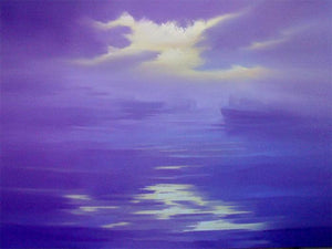Seascape I (Violet Horizon: A Seascape in Dreams) by Narayan Shelke, Original Oil Nature Painting on Canvas, Large Horizontal Wall Art